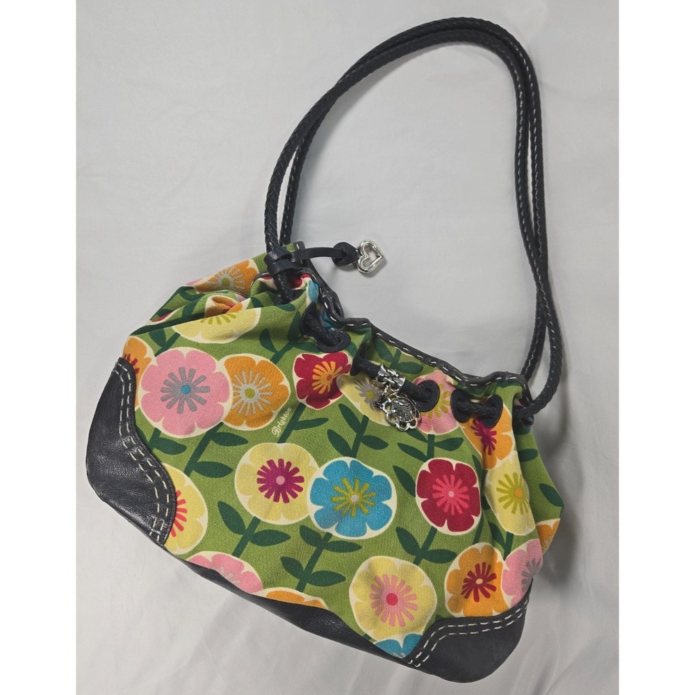 Brighton Lilly Floral Canvas Leather Drawstring Hobo Shoulder Bag Heart Charm
